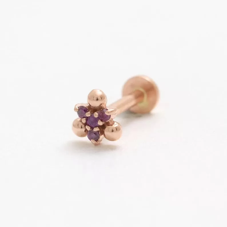 14K Gold Cartilage Helix Tragus Conch Genuine Purple Diamonds Triple Bal Internally Threaded Flat Back Earring Labret