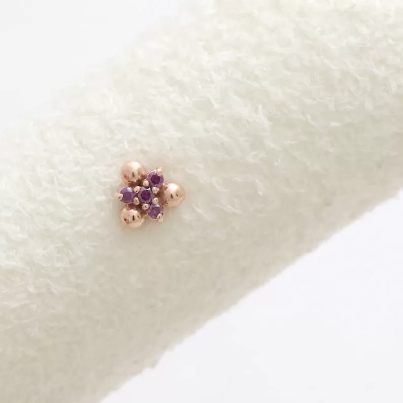 14K Gold Cartilage Helix Tragus Conch Genuine Purple Diamonds Triple Bal Internally Threaded Flat Back Earring Labret