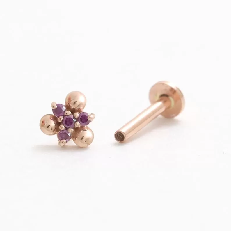 14K Gold Cartilage Helix Tragus Conch Genuine Purple Diamonds Triple Bal Internally Threaded Flat Back Earring Labret