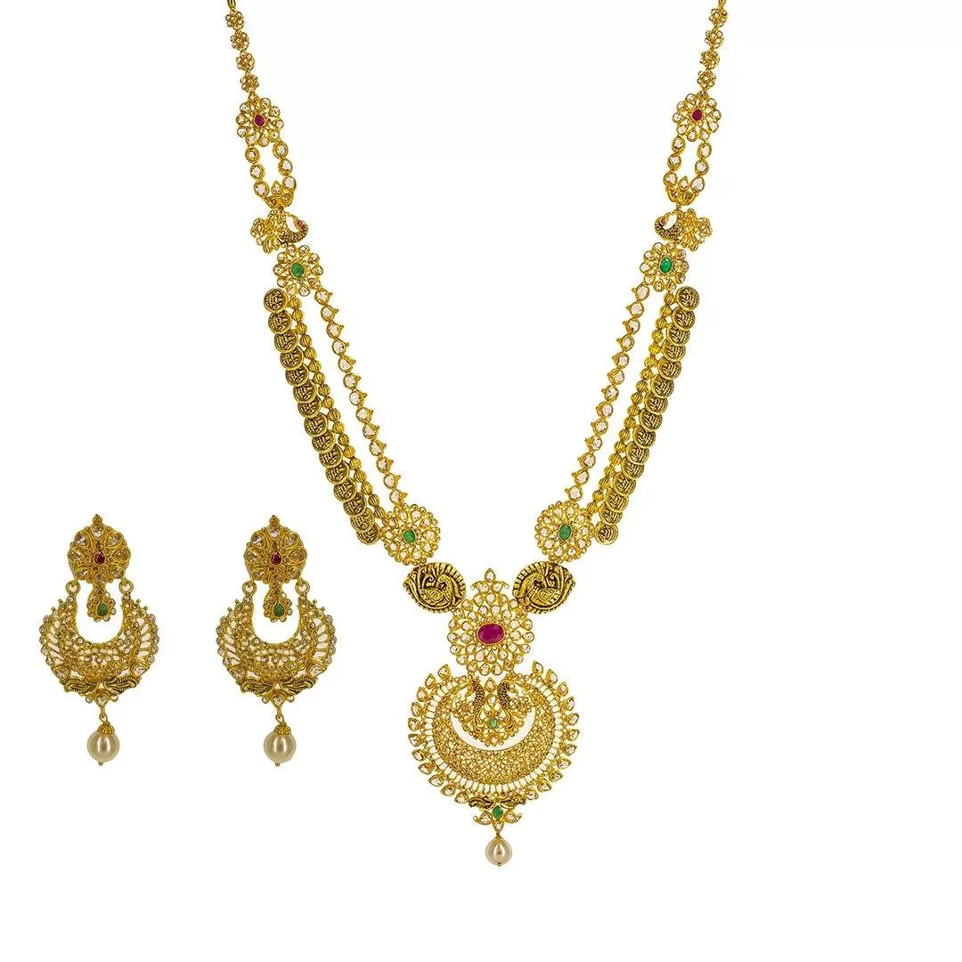 22K Yellow Gold Uncut Diamond Antique Temple Necklace Set W/ 33.95ct Uncut Diamonds, Rubies, Emeralds & Drop Pearls