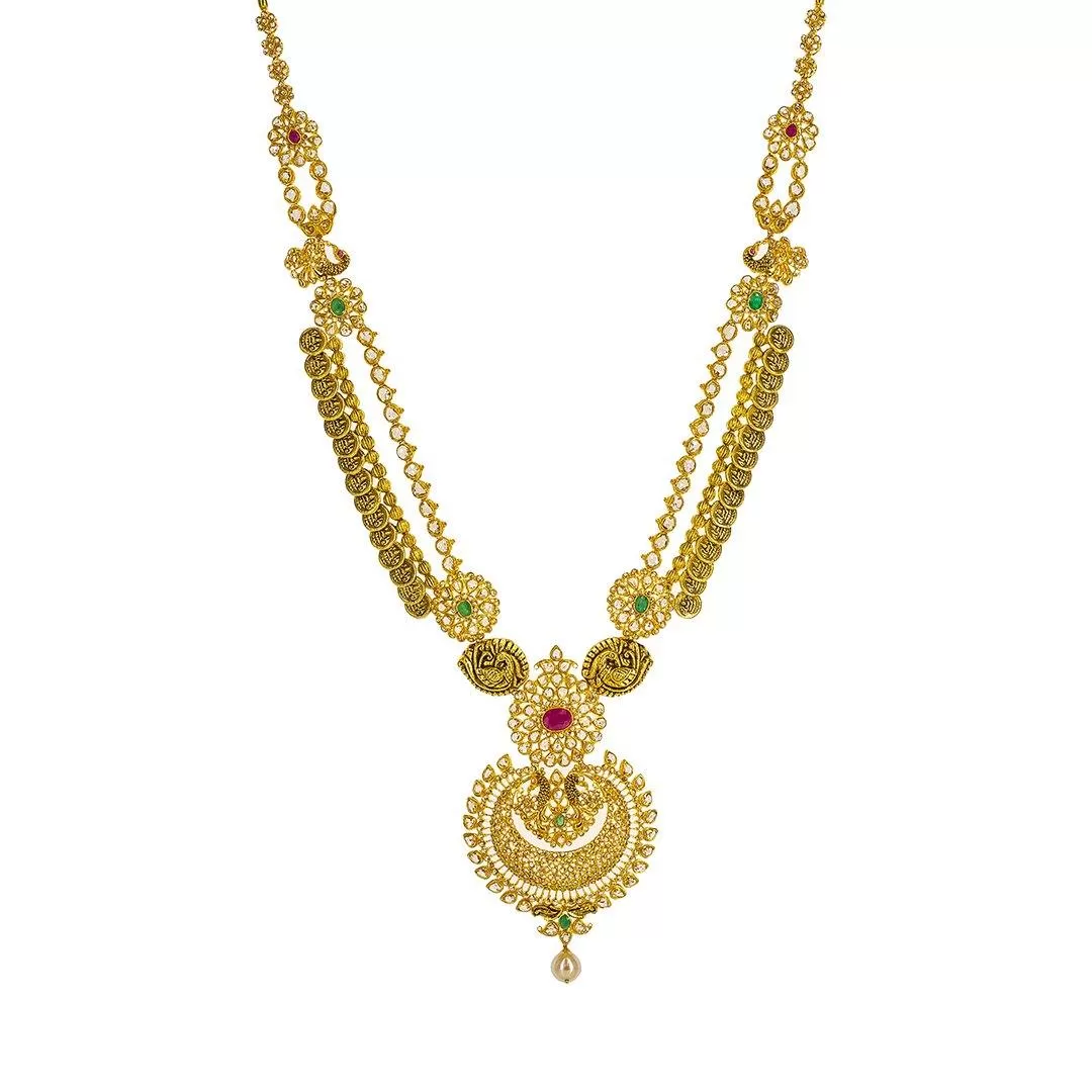 22K Yellow Gold Uncut Diamond Antique Temple Necklace Set W/ 33.95ct Uncut Diamonds, Rubies, Emeralds & Drop Pearls