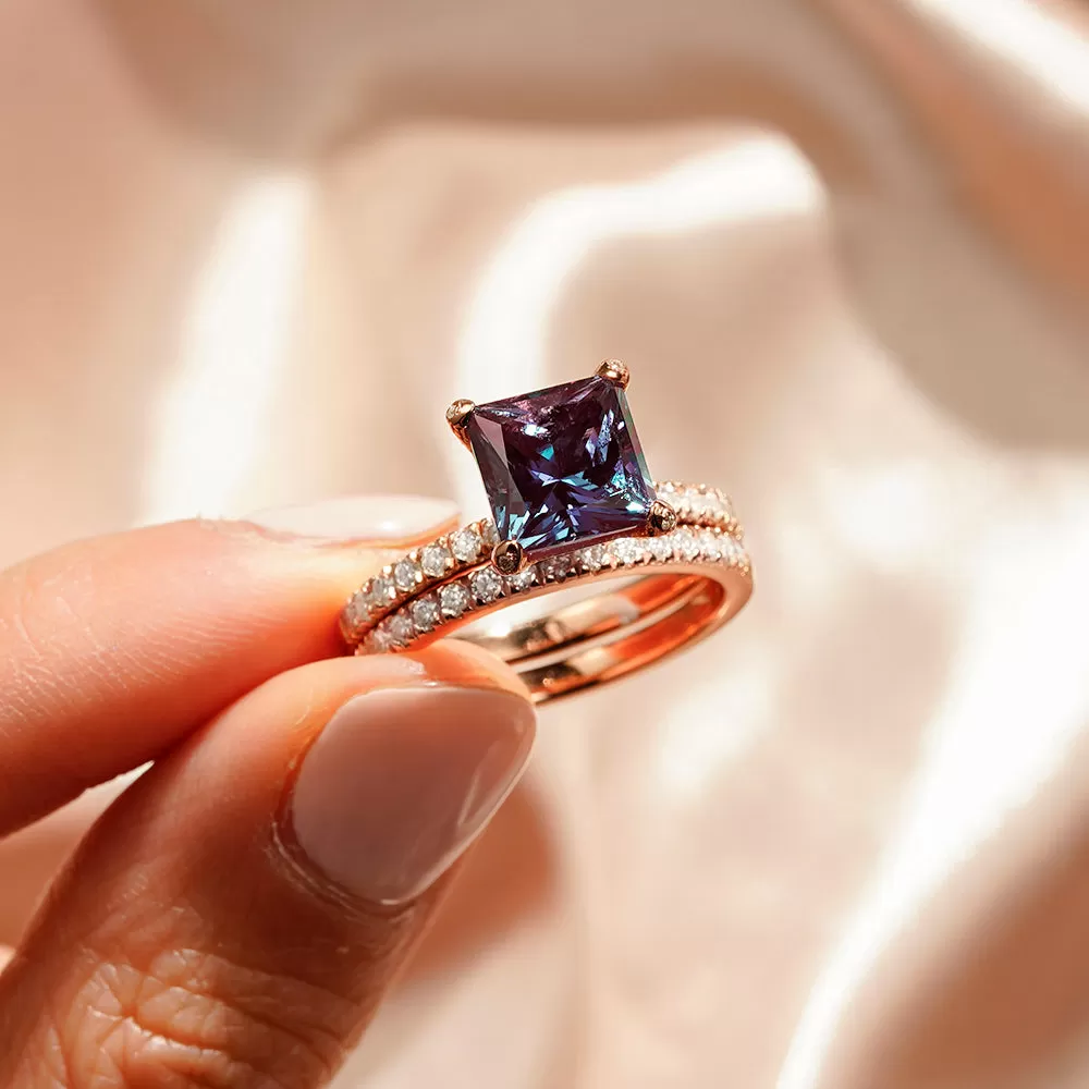 3 CT. Princess Cut Alexandrite Engagement Ring Set