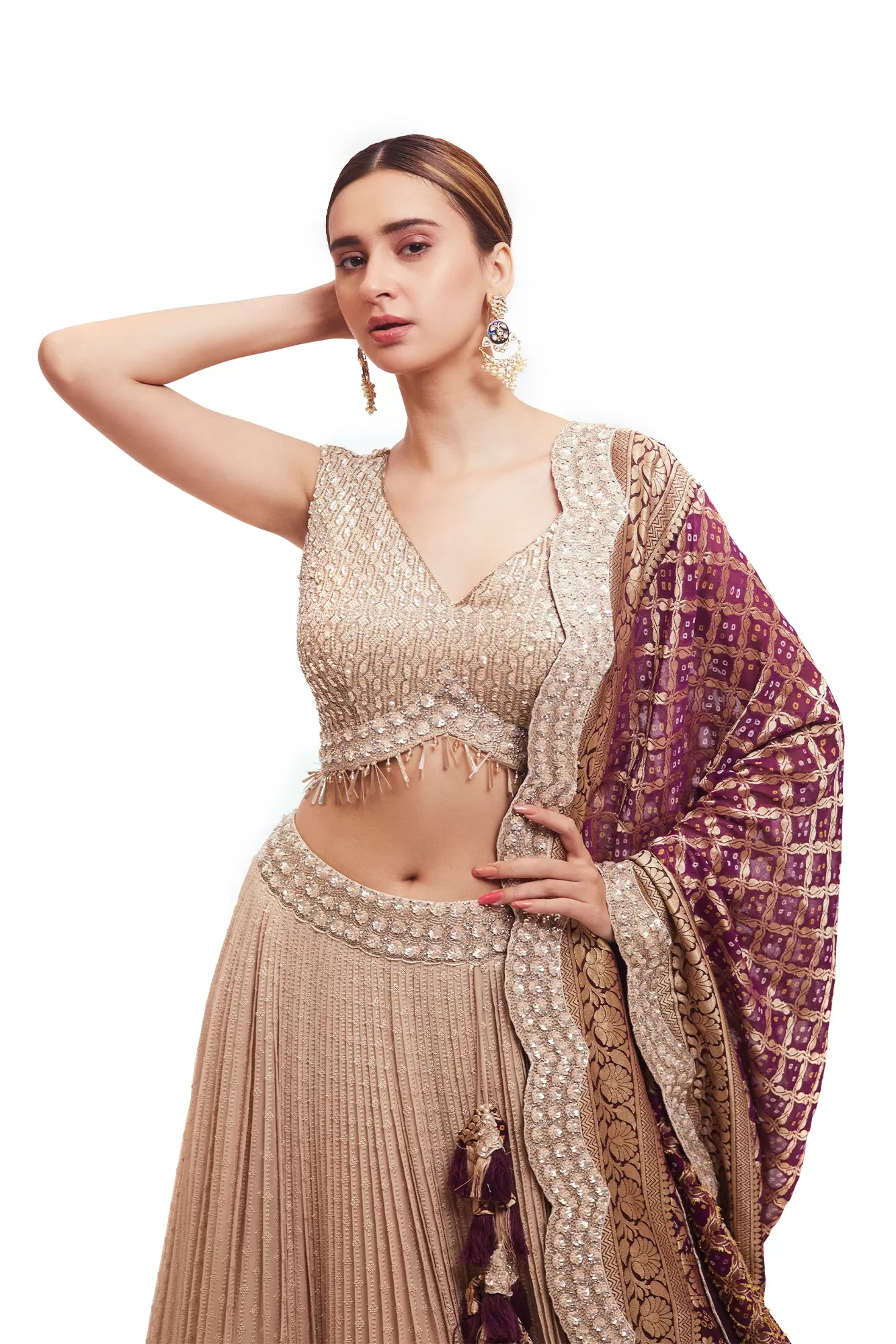 30Z328-RO Off-White Embroidered Lehenga with Purple Zari Dupatta