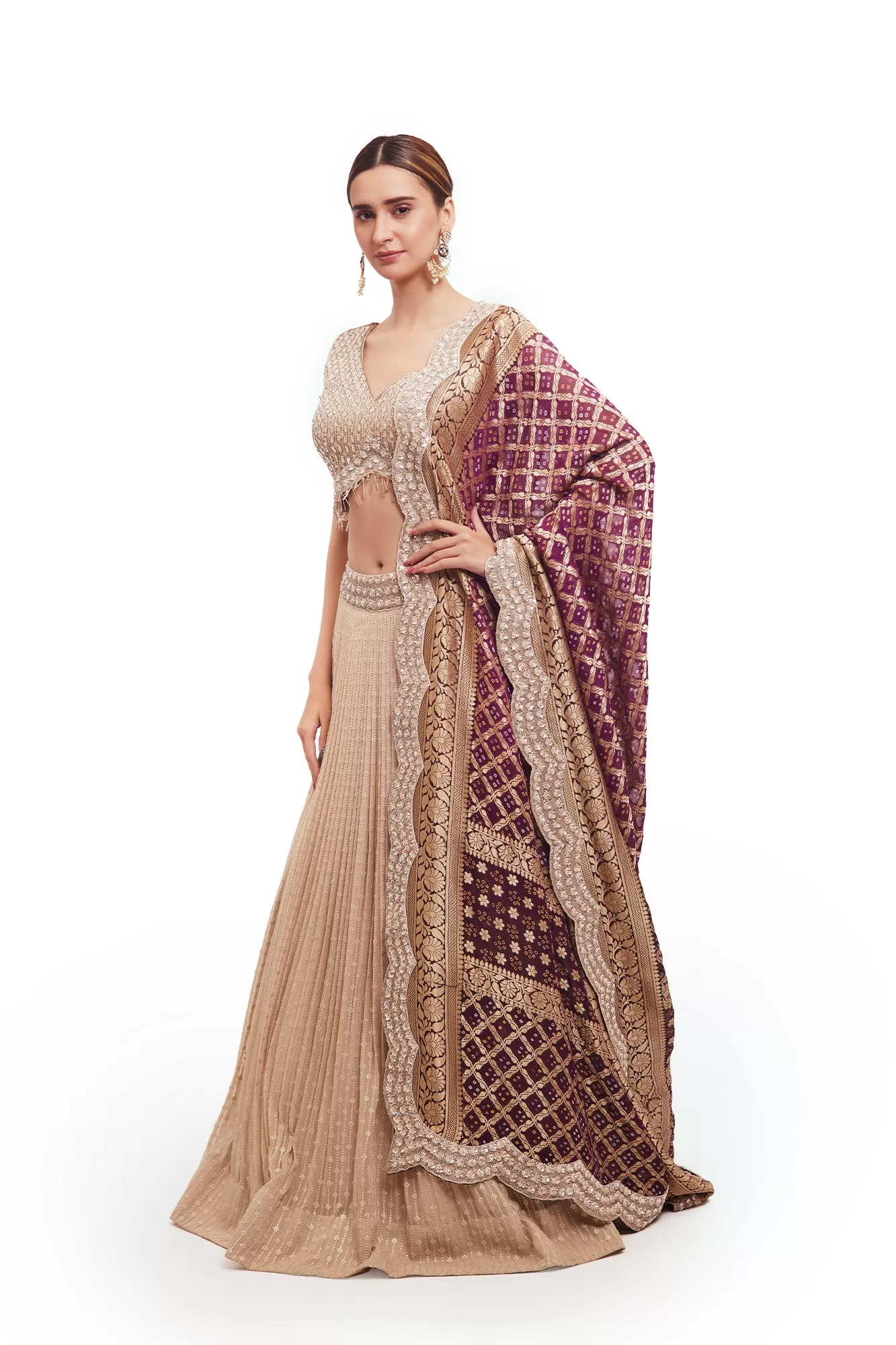 30Z328-RO Off-White Embroidered Lehenga with Purple Zari Dupatta