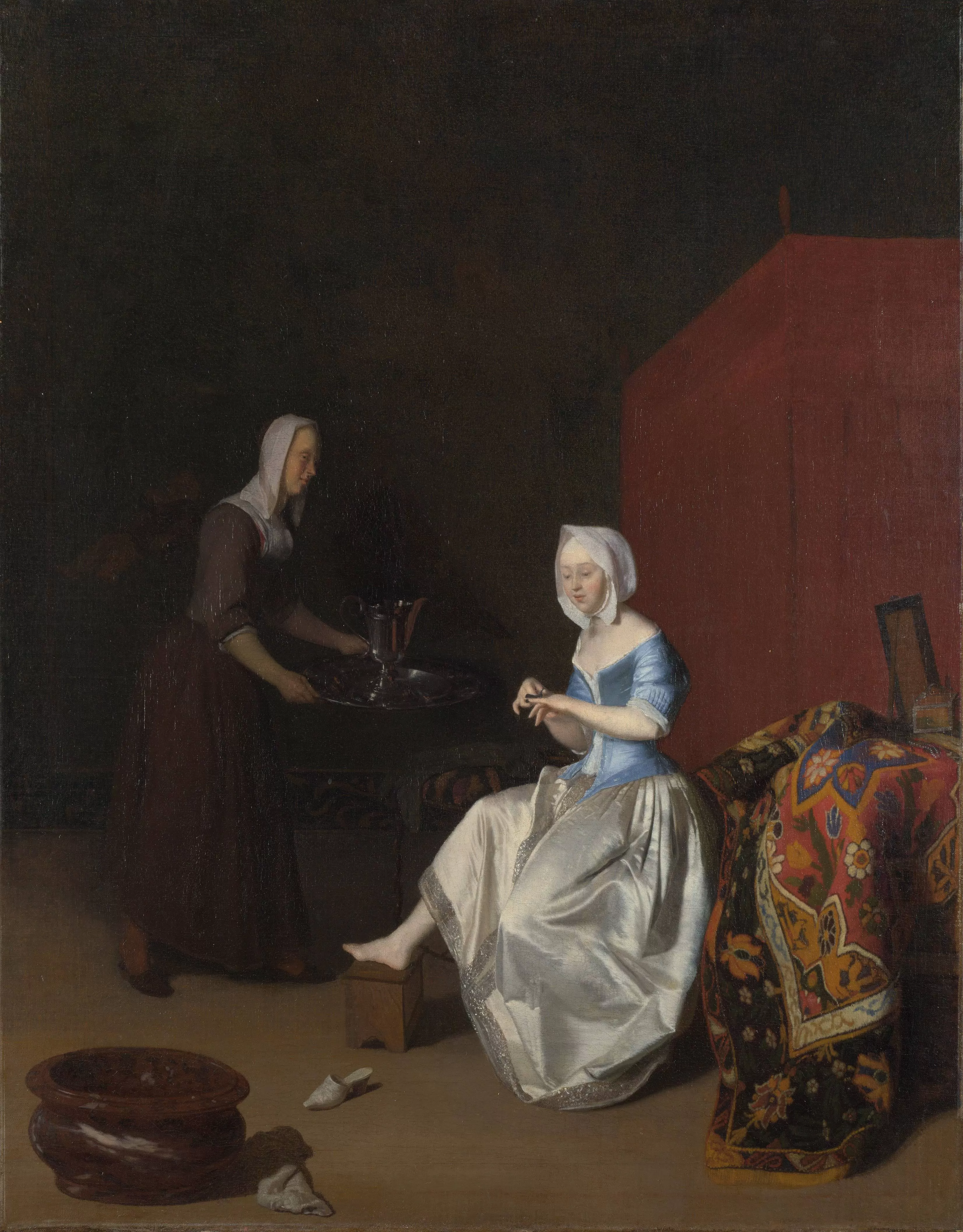 A Young Lady Trimming Her Fingernails, Attended by a Maidservant