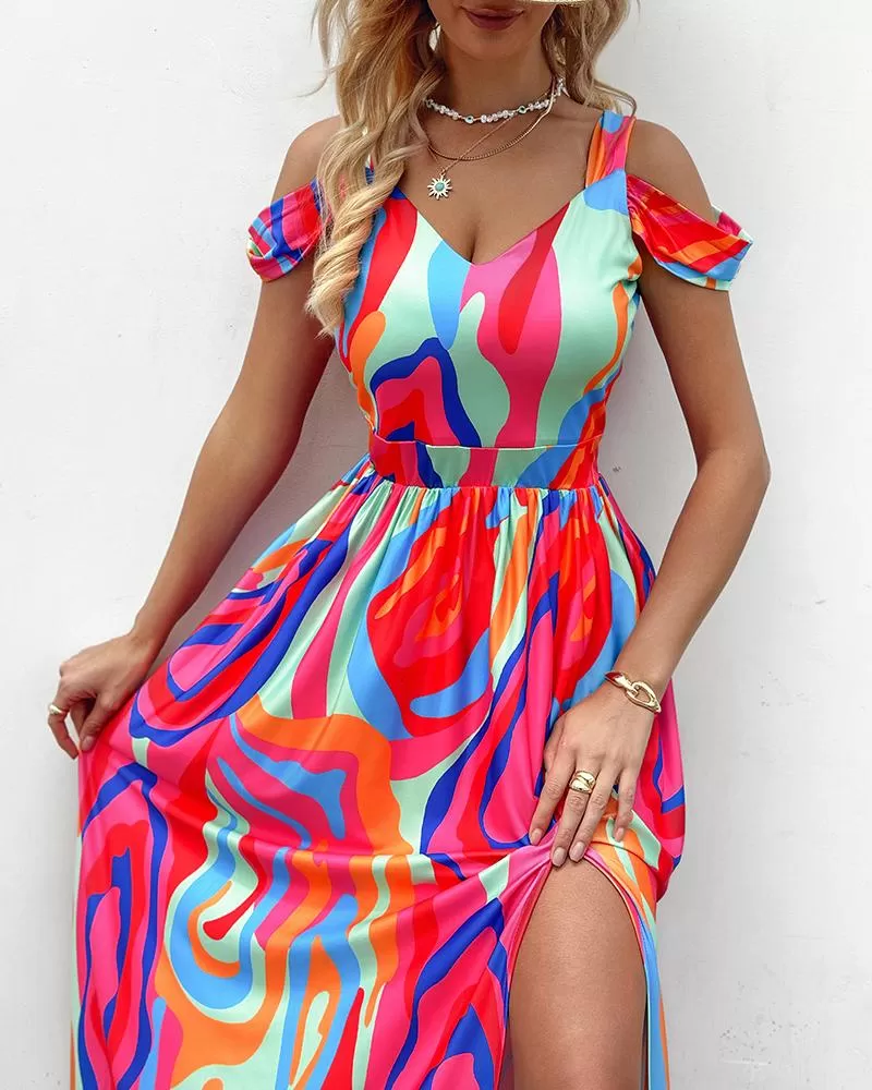 Abstract Print Cold Shoulder High Slit Maxi Dress