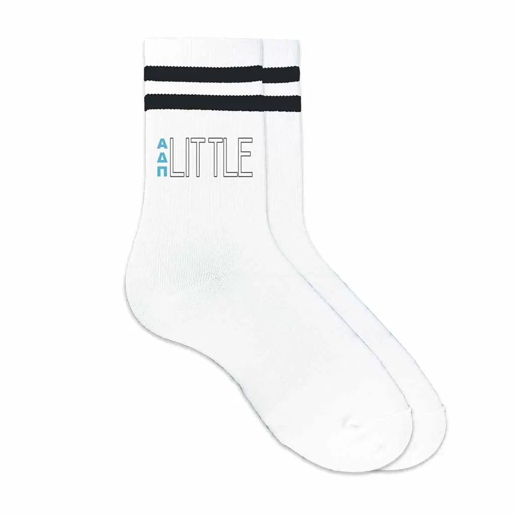 Alpha Delta Pi Sorority Socks for your Big and Little with Greek Letters on Striped Cotton Crew Socks