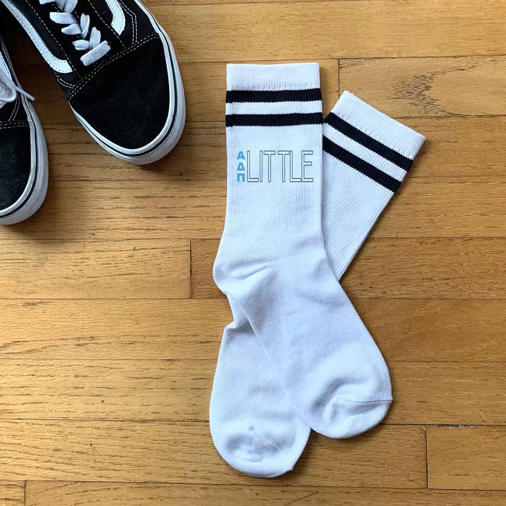 Alpha Delta Pi Sorority Socks for your Big and Little with Greek Letters on Striped Cotton Crew Socks