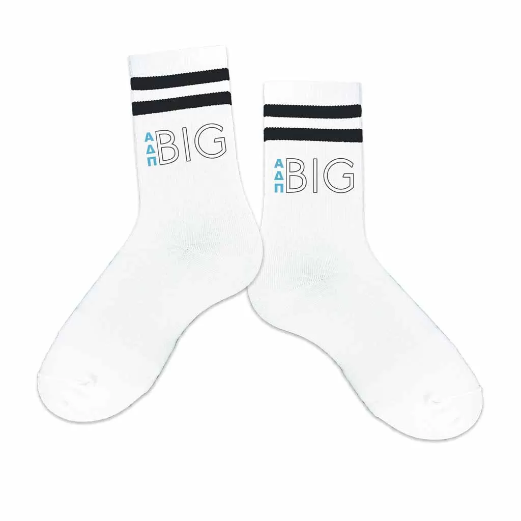 Alpha Delta Pi Sorority Socks for your Big and Little with Greek Letters on Striped Cotton Crew Socks