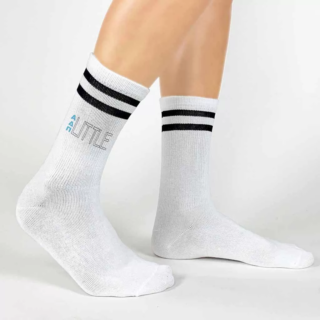 Alpha Delta Pi Sorority Socks for your Big and Little with Greek Letters on Striped Cotton Crew Socks