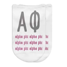 Alpha Phi Sorority Socks with Large Greek Letters, Printed on No Show Socks