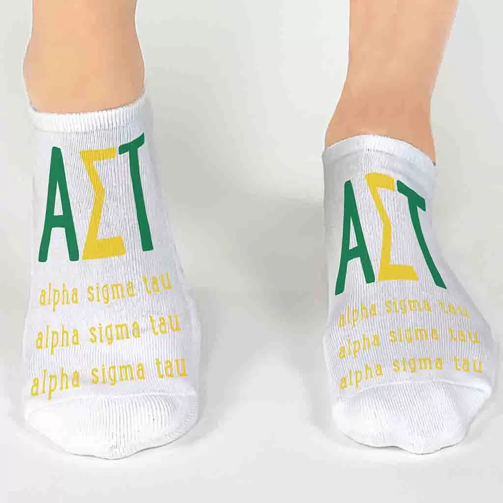 Alpha Sigma Tau Sorority Socks with Large Greek Letters, Printed on No Show Socks