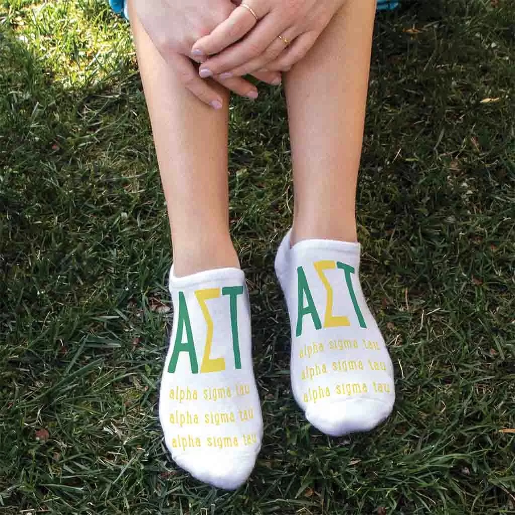 Alpha Sigma Tau Sorority Socks with Large Greek Letters, Printed on No Show Socks