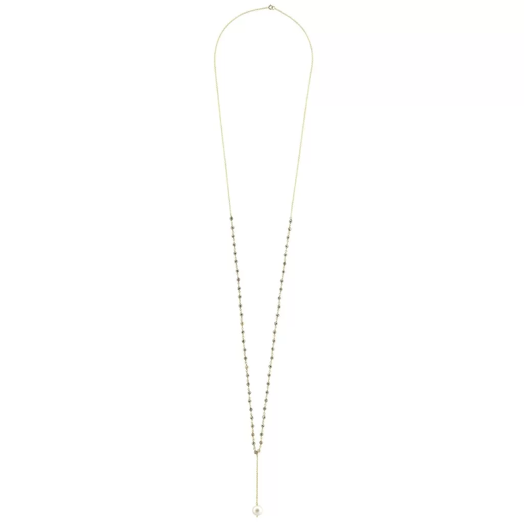 Argentum Extremis Necklace Drop - Pyrite & White Pearl - Gold Plated Silver