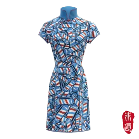 【BARBER TWIRL】Masterpiece Collection 100% Silk Cheongsam (Cap Sleeve / Regular Fit) (香港經典) (轉轉燈) (紅白藍)