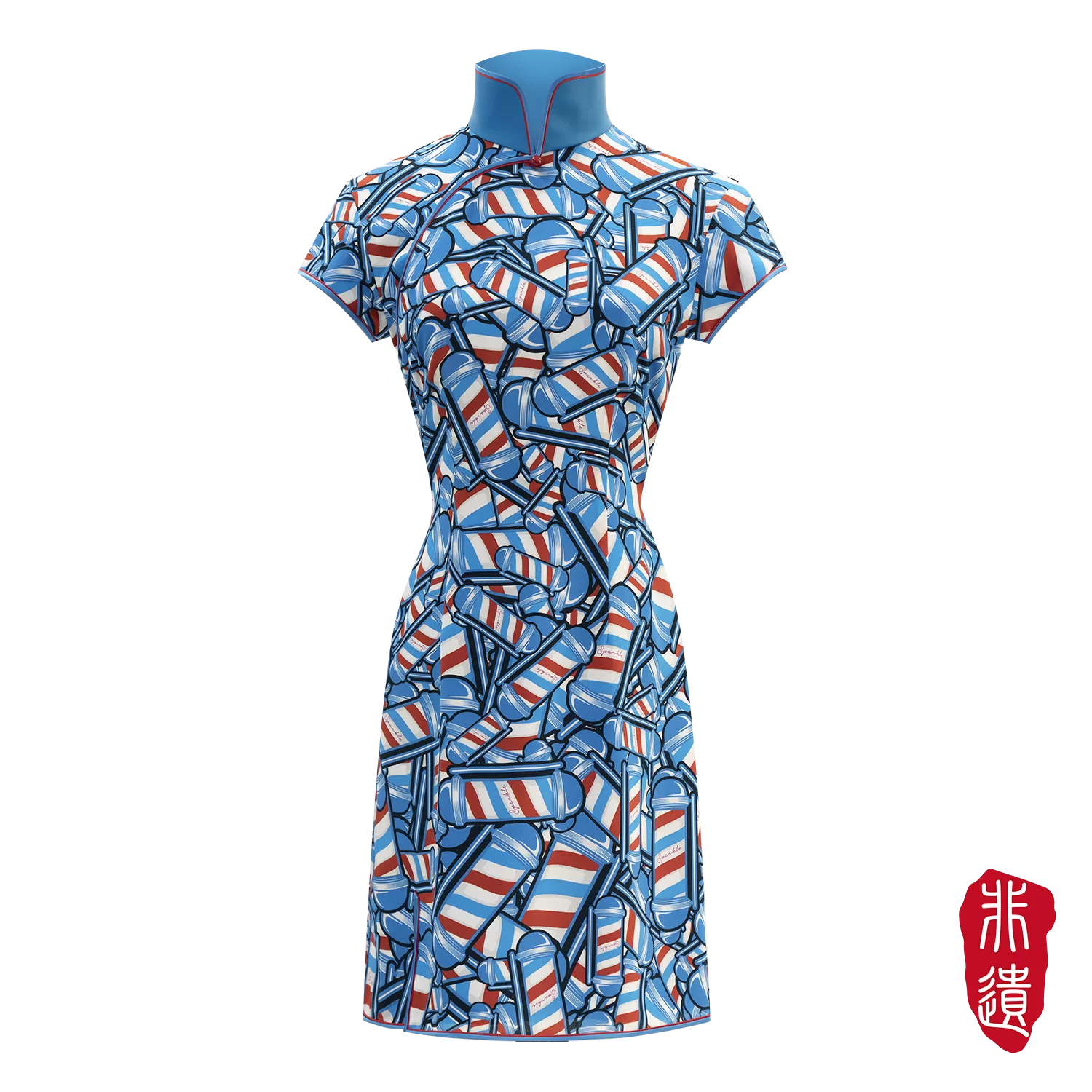 【BARBER TWIRL】Masterpiece Collection 100% Silk Cheongsam (Cap Sleeve / Regular Fit) (香港經典) (轉轉燈) (紅白藍)