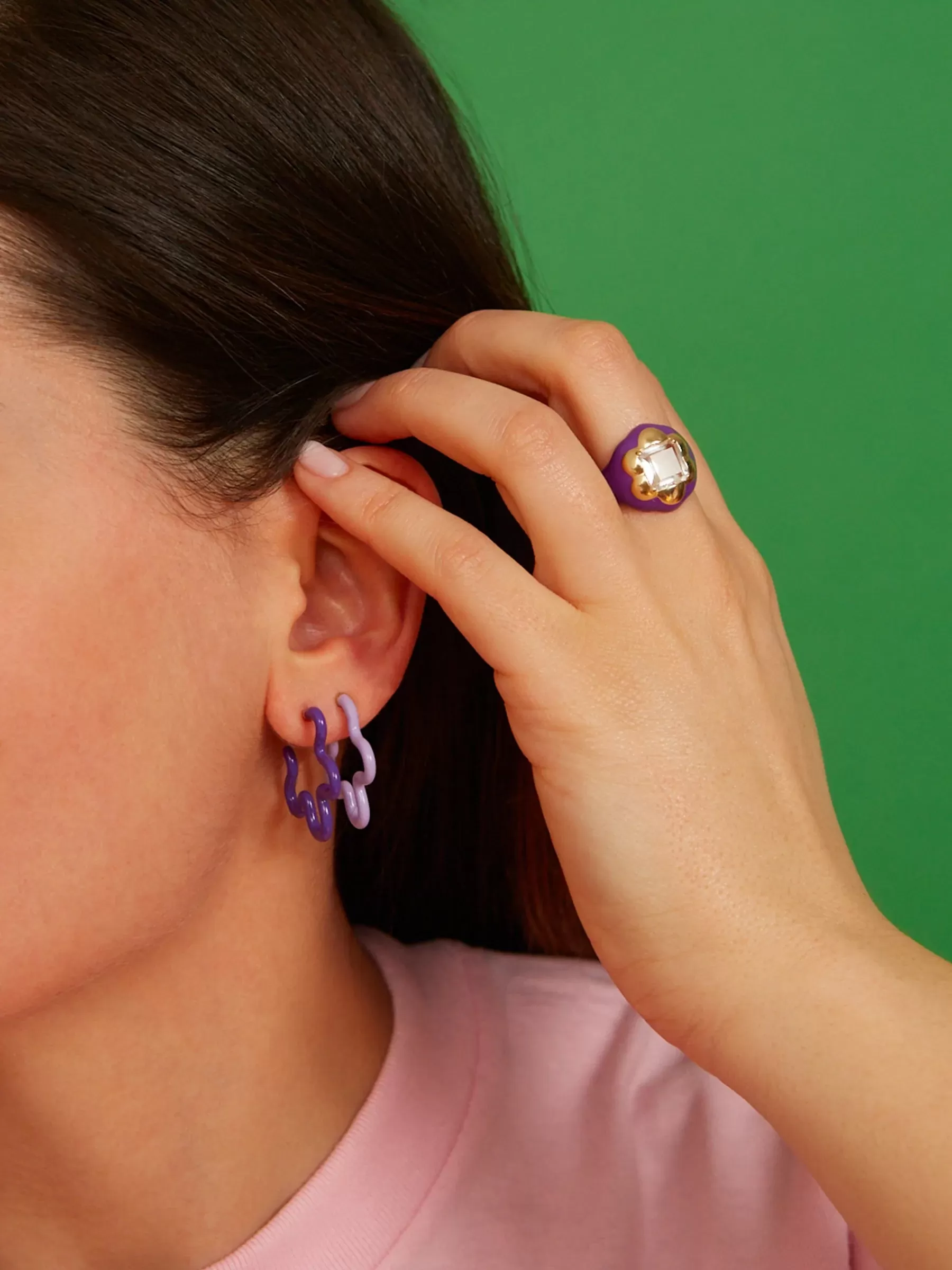 Bea Bongiasca - Two Tone Asymmetrical Flower Earrings with Lavender and Purple Enamel, Yellow Gold and Silver