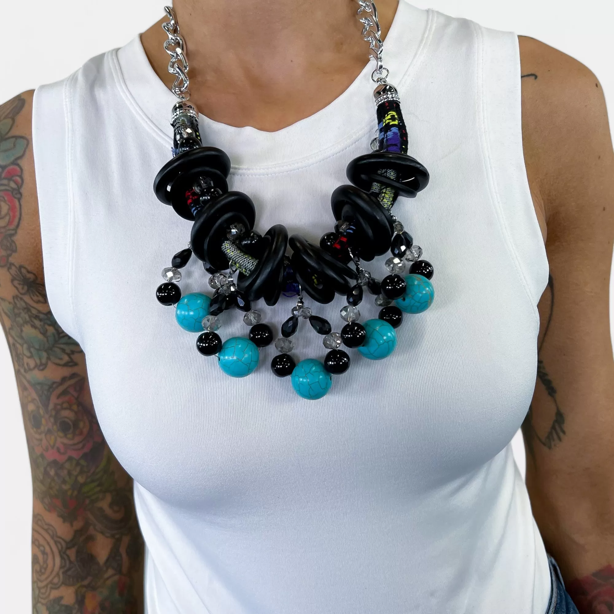 Black Mixed Media Wooden Necklace Set