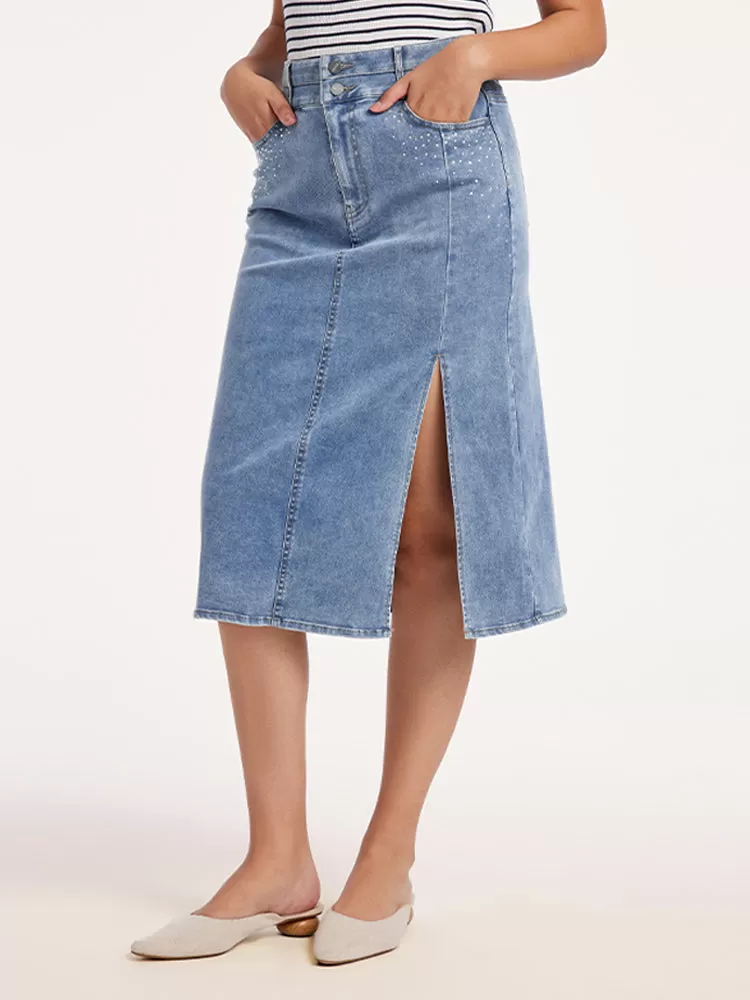 Blue High Waist Slit Midi Denim Skirt