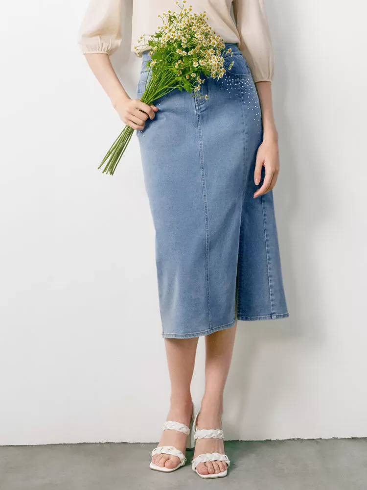 Blue High Waist Slit Midi Denim Skirt