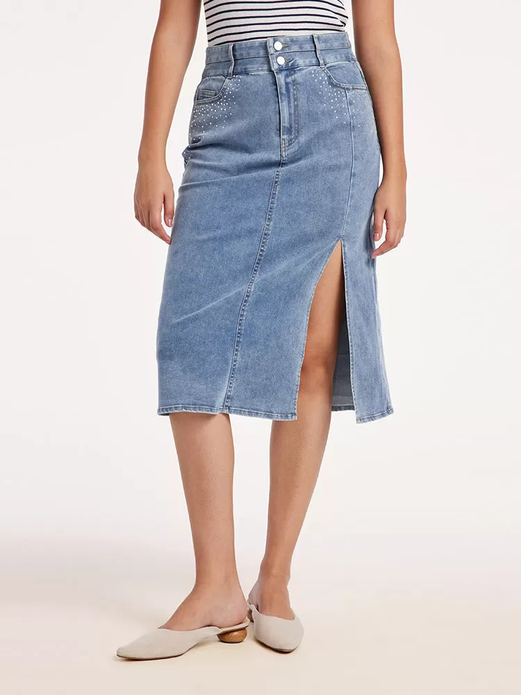 Blue High Waist Slit Midi Denim Skirt