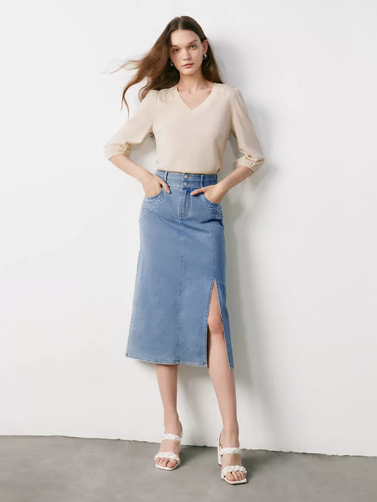 Blue High Waist Slit Midi Denim Skirt