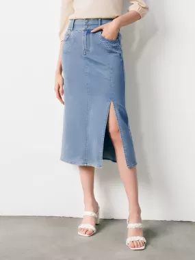 Blue High Waist Slit Midi Denim Skirt