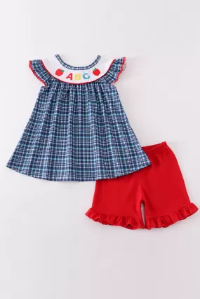 Blue plaid ABC embroidery girl set