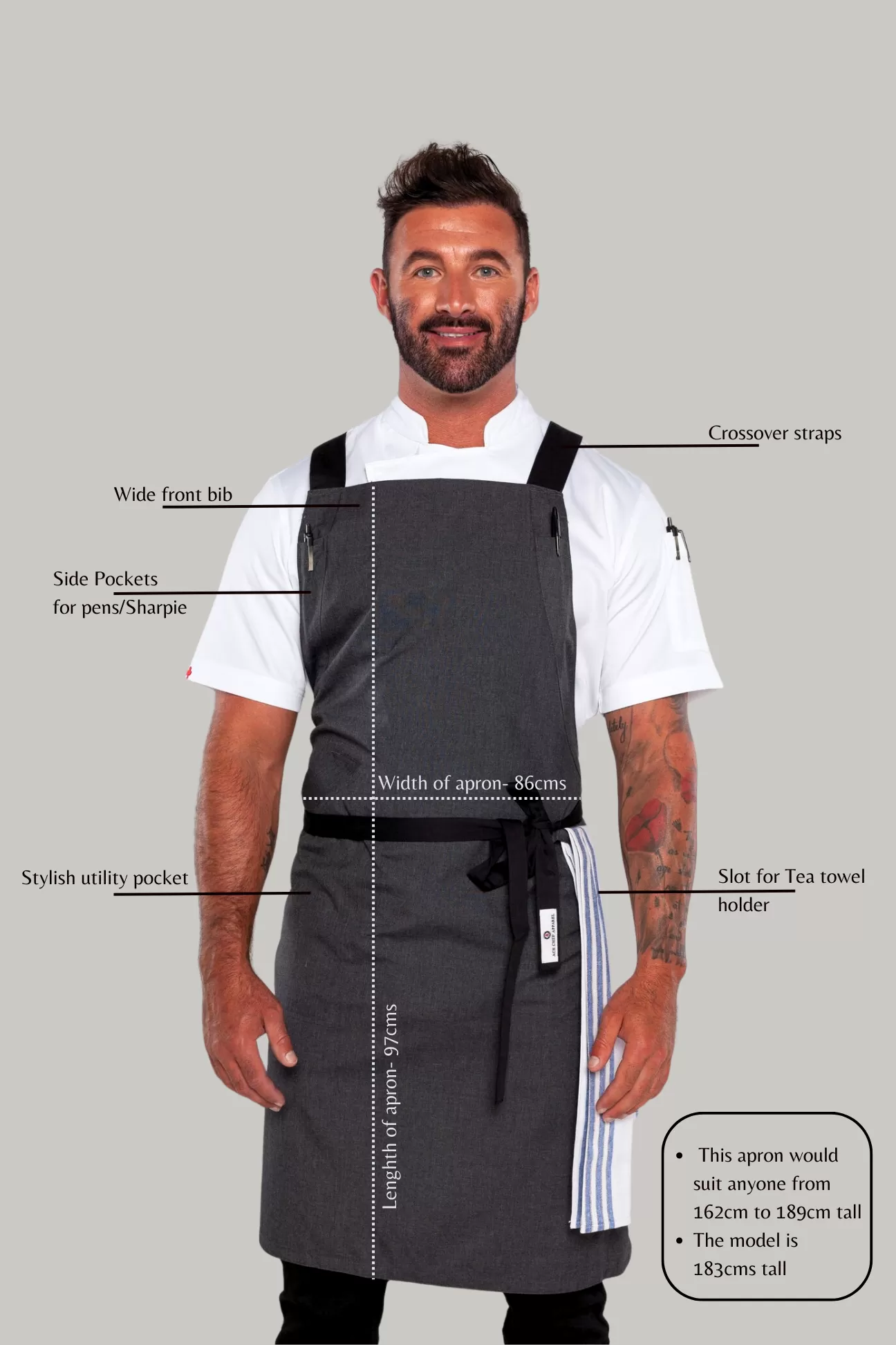 BYRON Crossover Chef apron byron charcoal grey with black straps