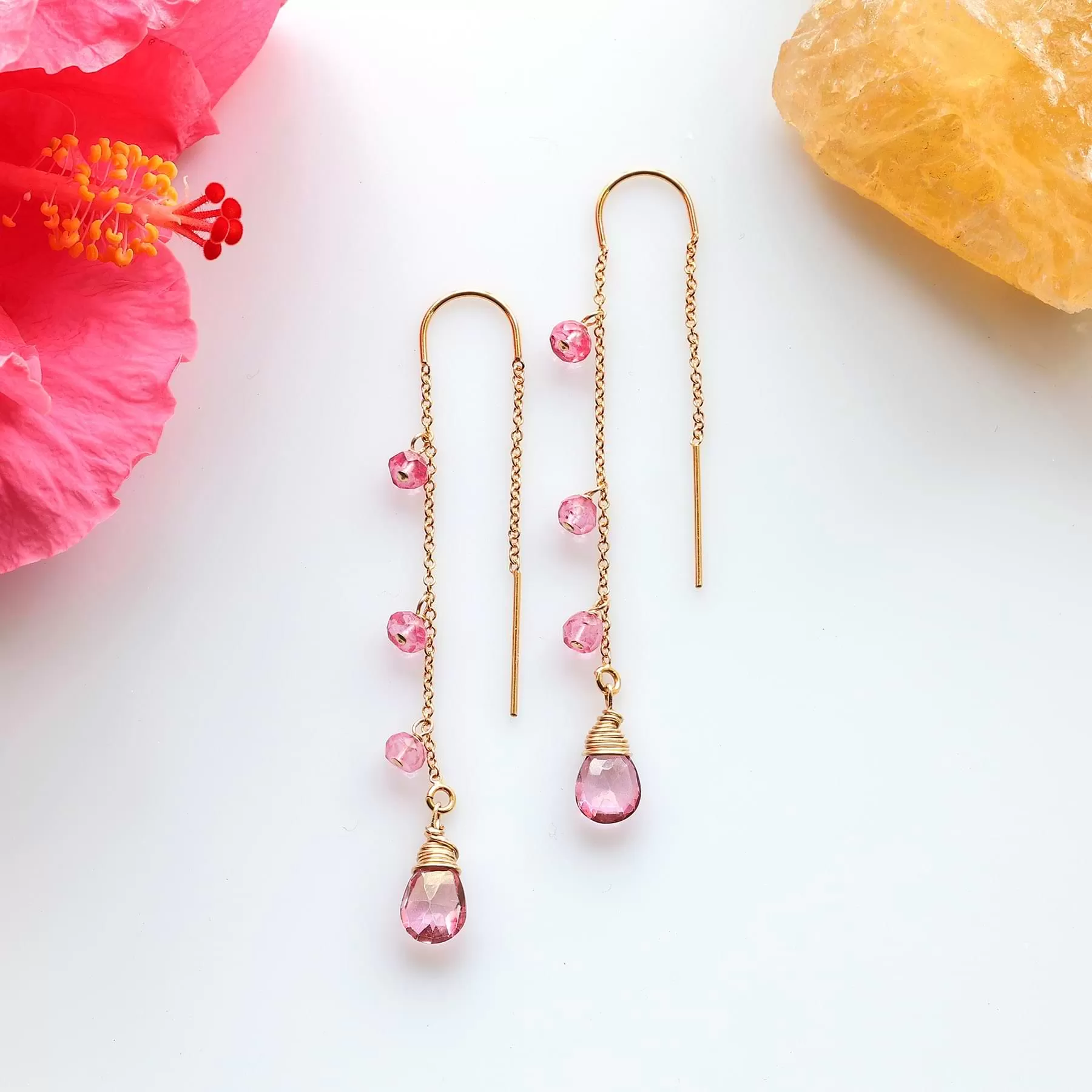 Clara - Pink Topaz Gold Threader Earrings