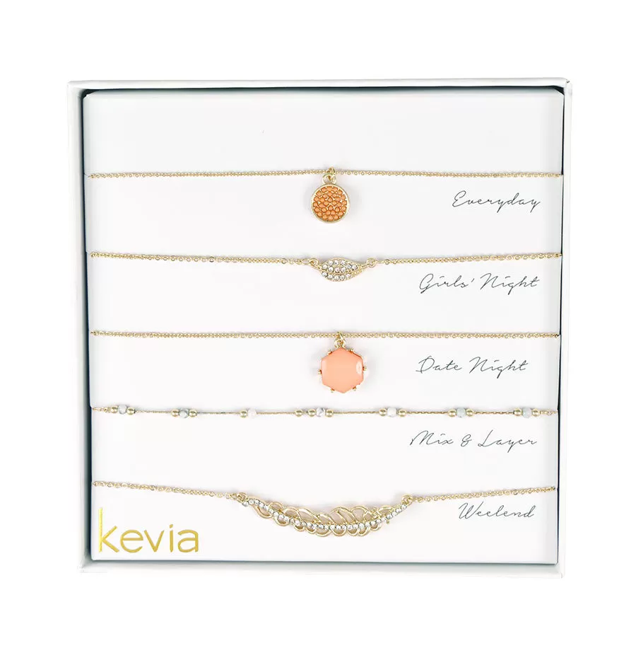 Coral & Gold Leaf Layered Necklace Set