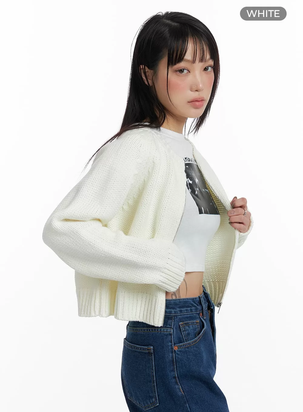 Crew Neck Zip-Up Knit Cardigan IF423