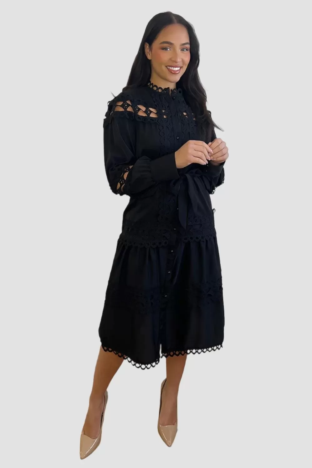 Crochet Lace Waist Tie Midi Dress