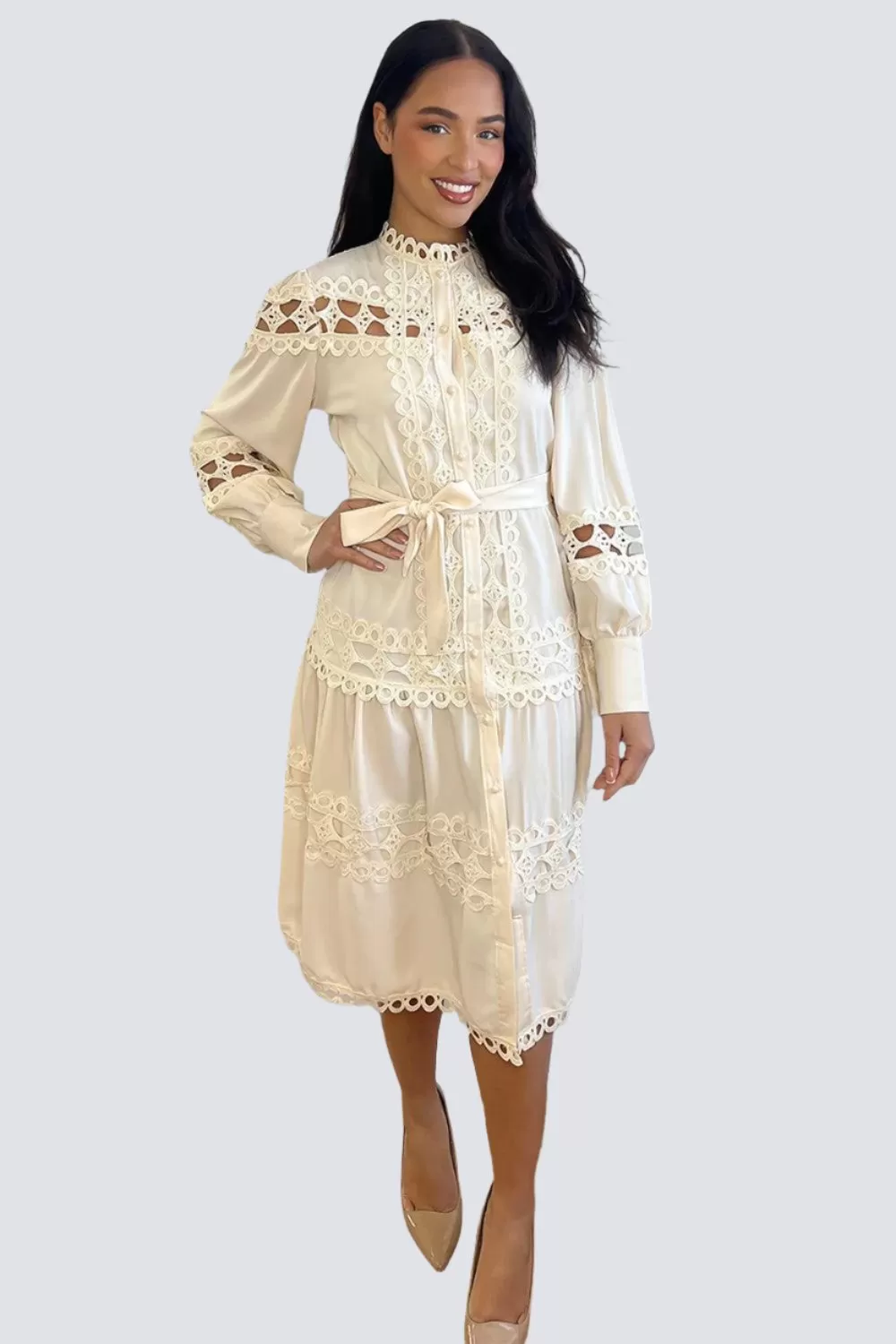 Crochet Lace Waist Tie Midi Dress