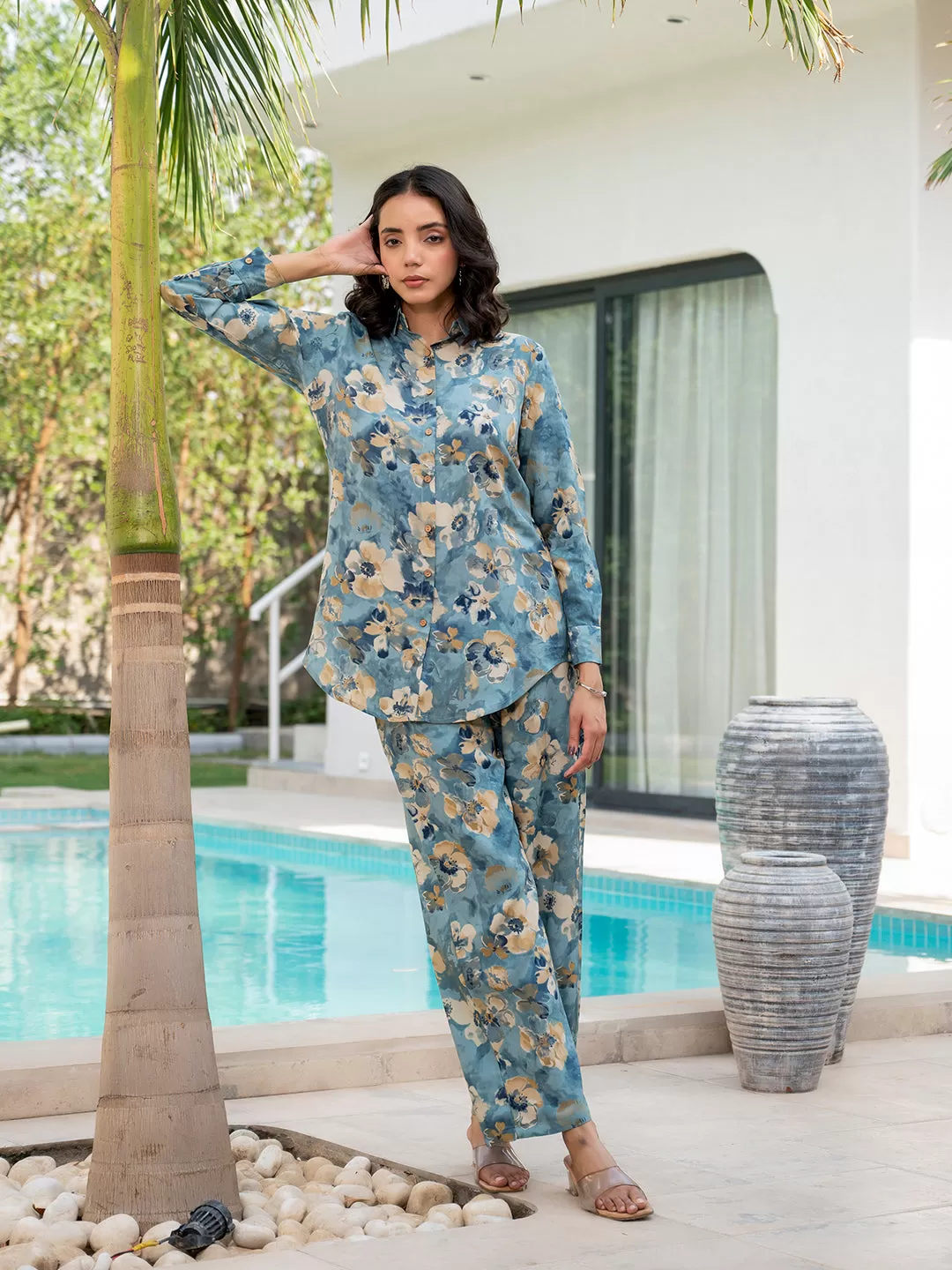 Divena Blue Floral Printed Rayon Co-ord Set