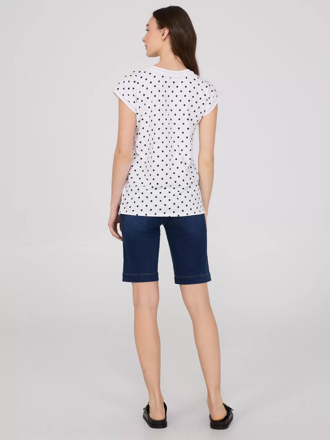 Dot Print Dolman Sleeve Top With Crochet Details