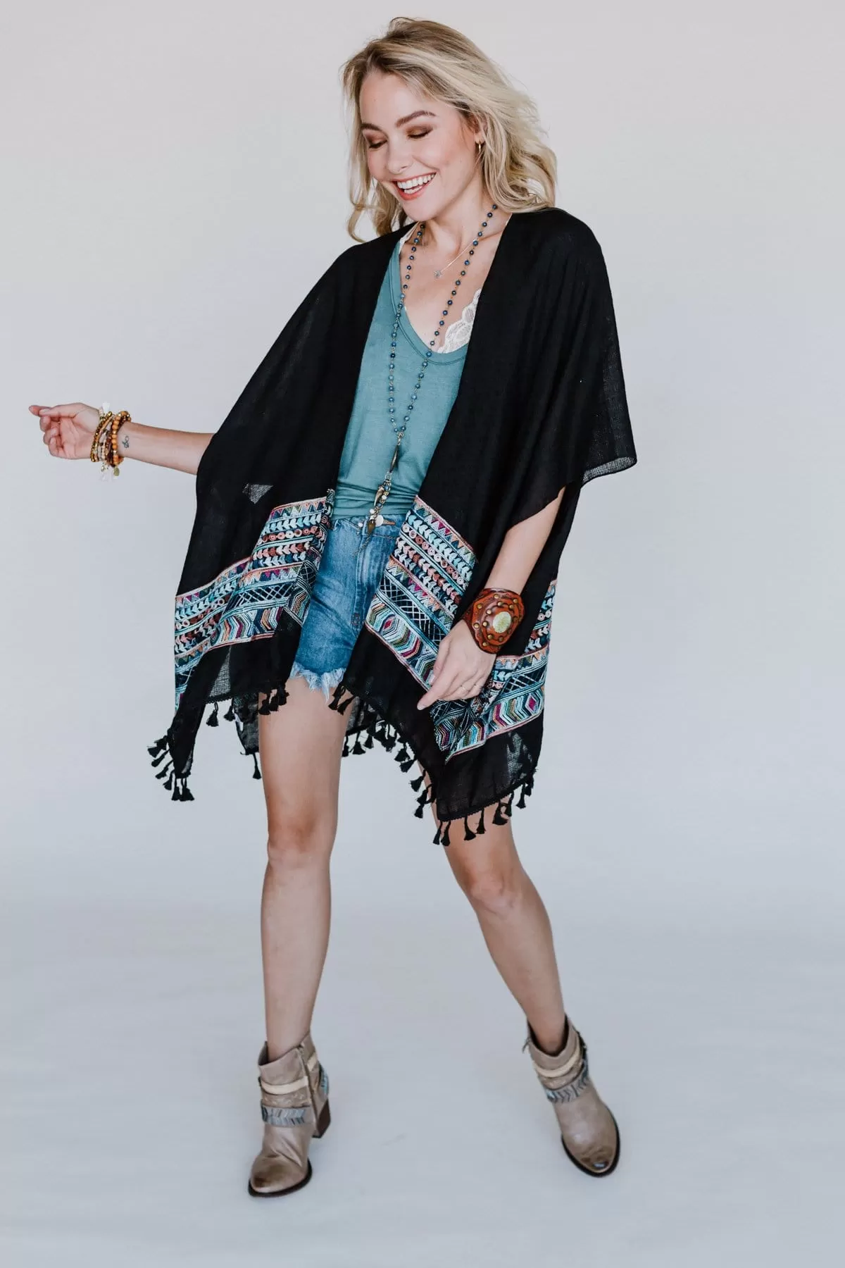 Fallon Embroidered Sleeve Kimono - Black