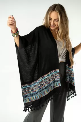 Fallon Embroidered Sleeve Kimono - Black