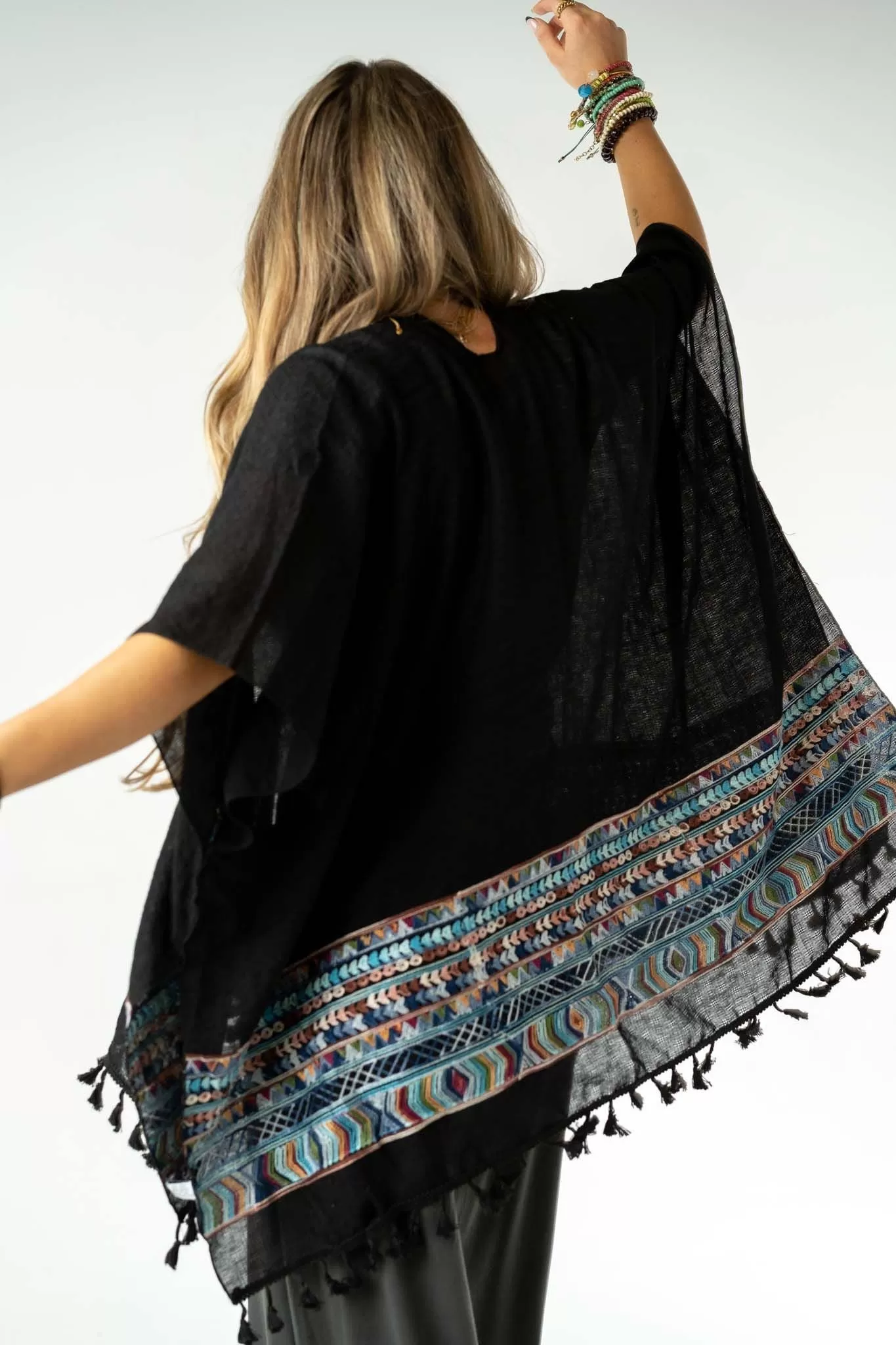 Fallon Embroidered Sleeve Kimono - Black