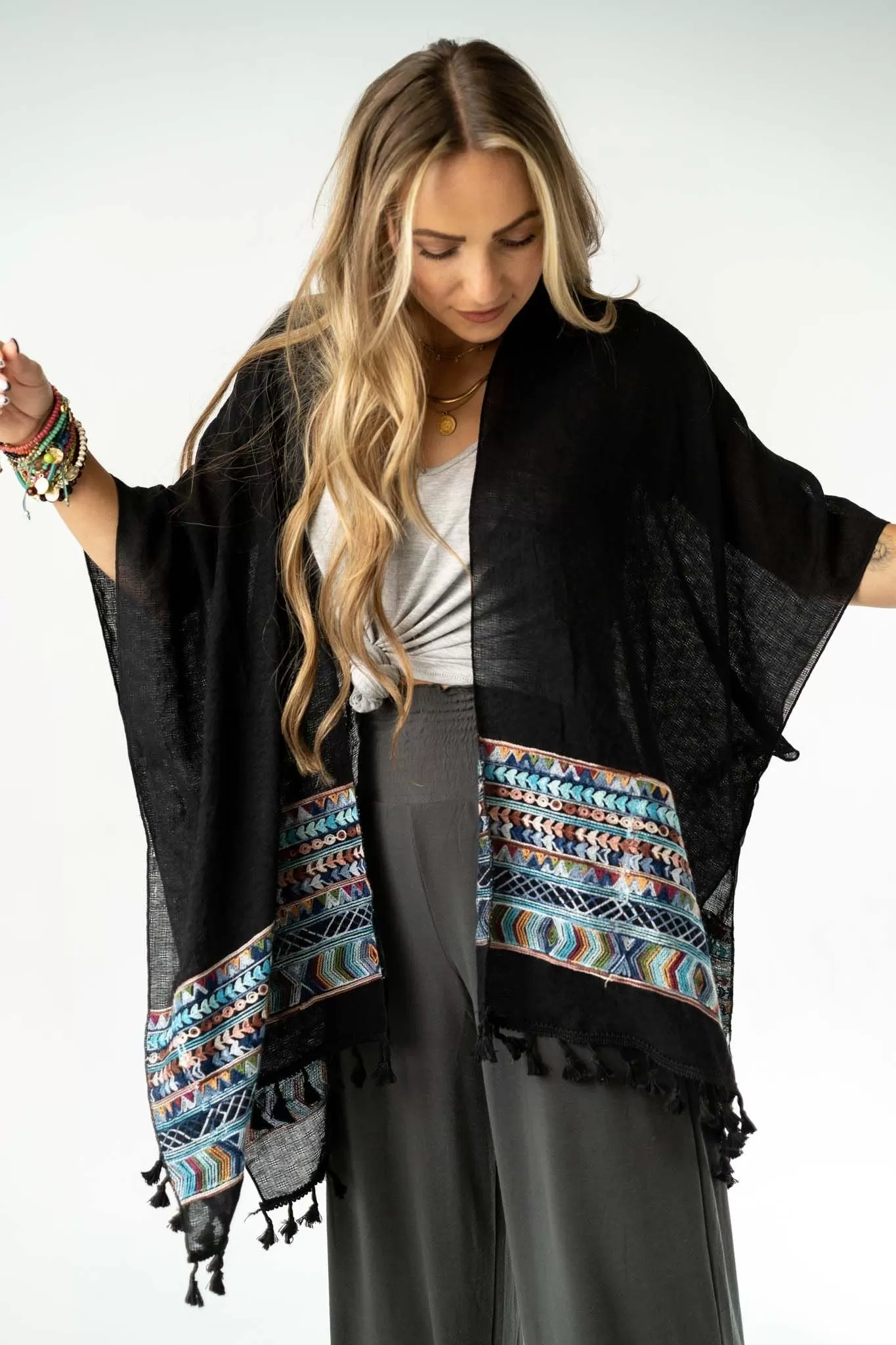 Fallon Embroidered Sleeve Kimono - Black