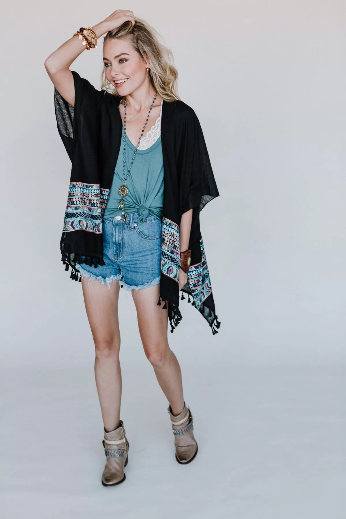 Fallon Embroidered Sleeve Kimono - Black