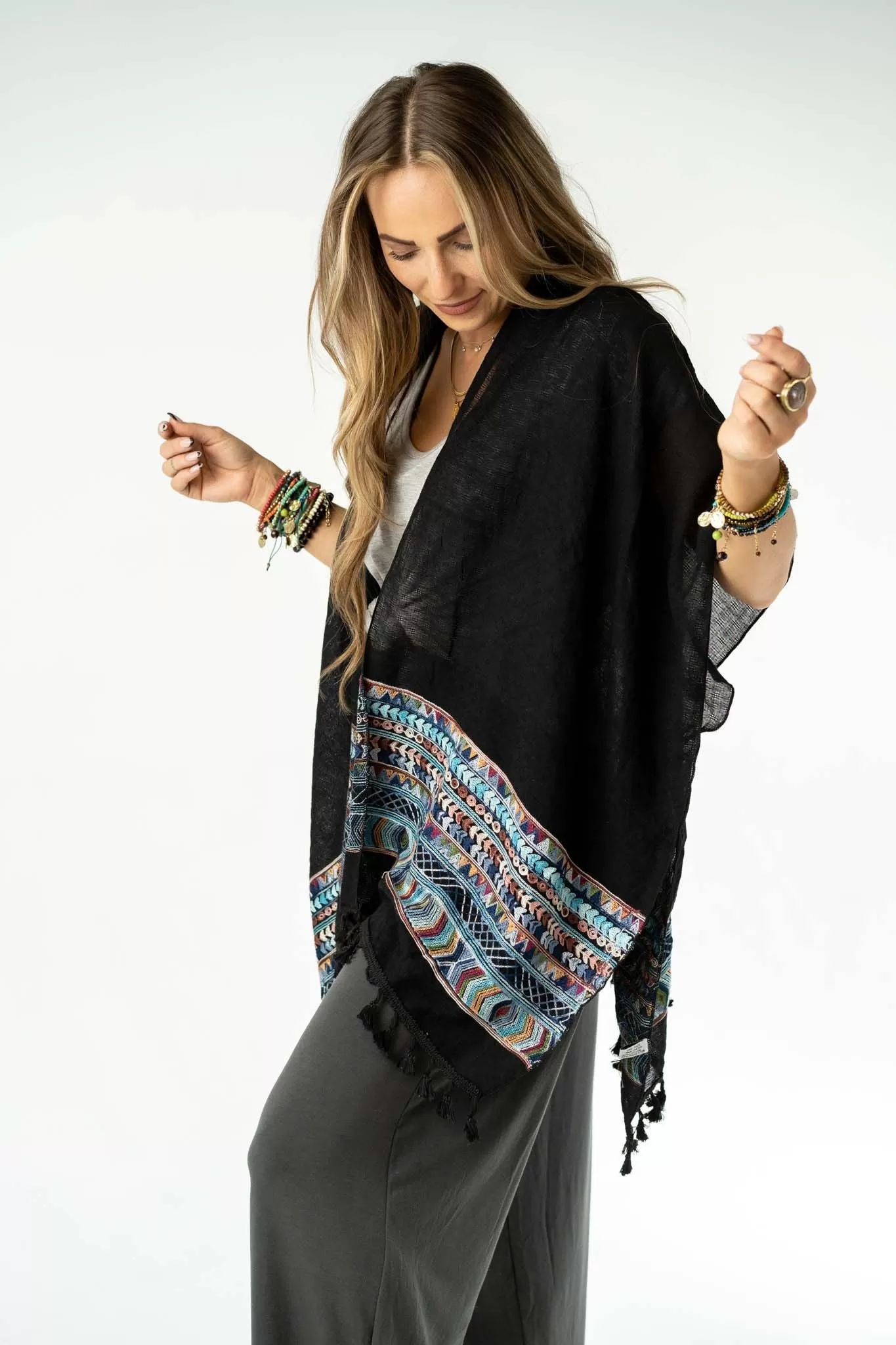 Fallon Embroidered Sleeve Kimono - Black