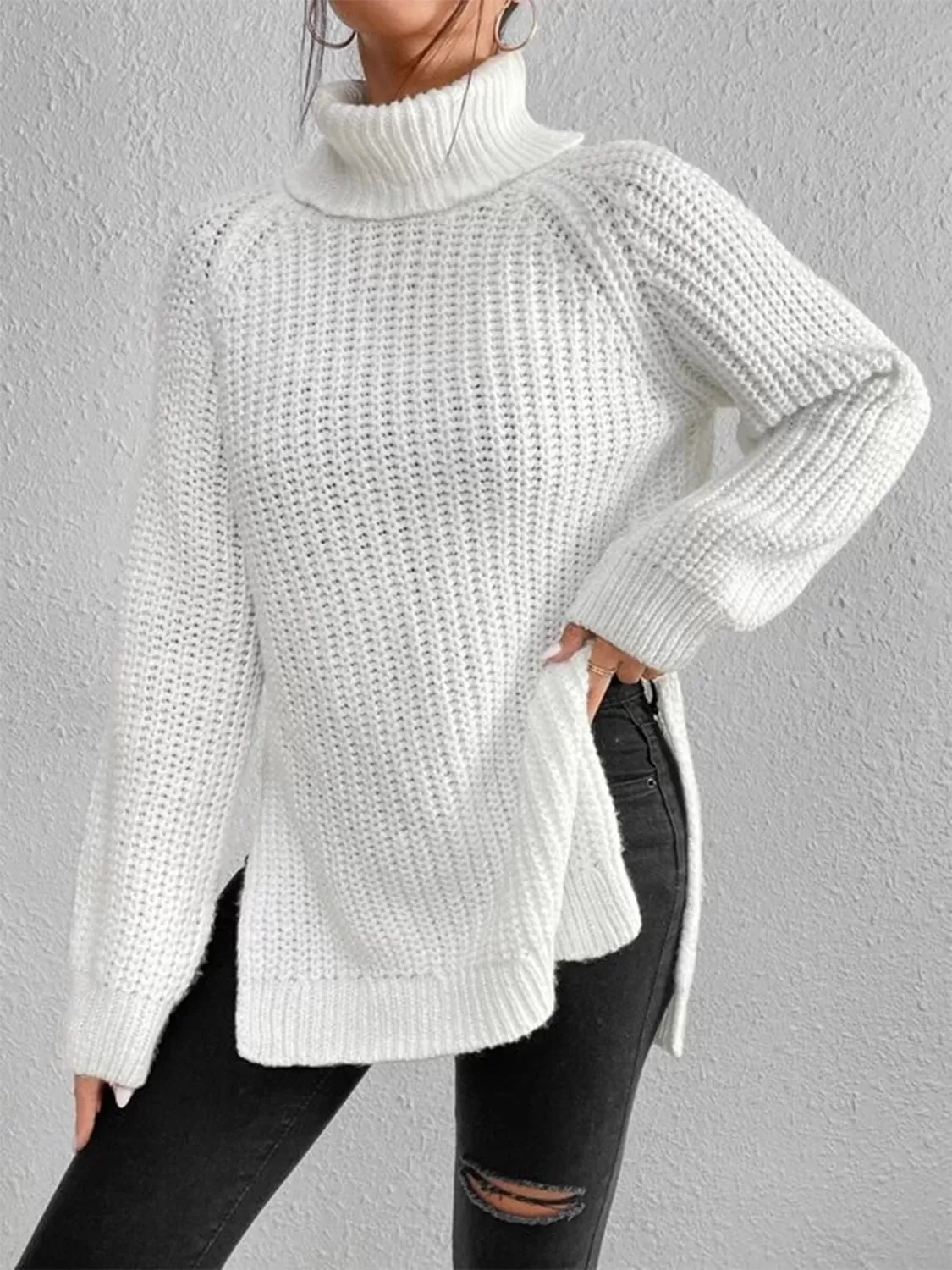 Full Size Turtleneck Rib-Knit Slit Sweater