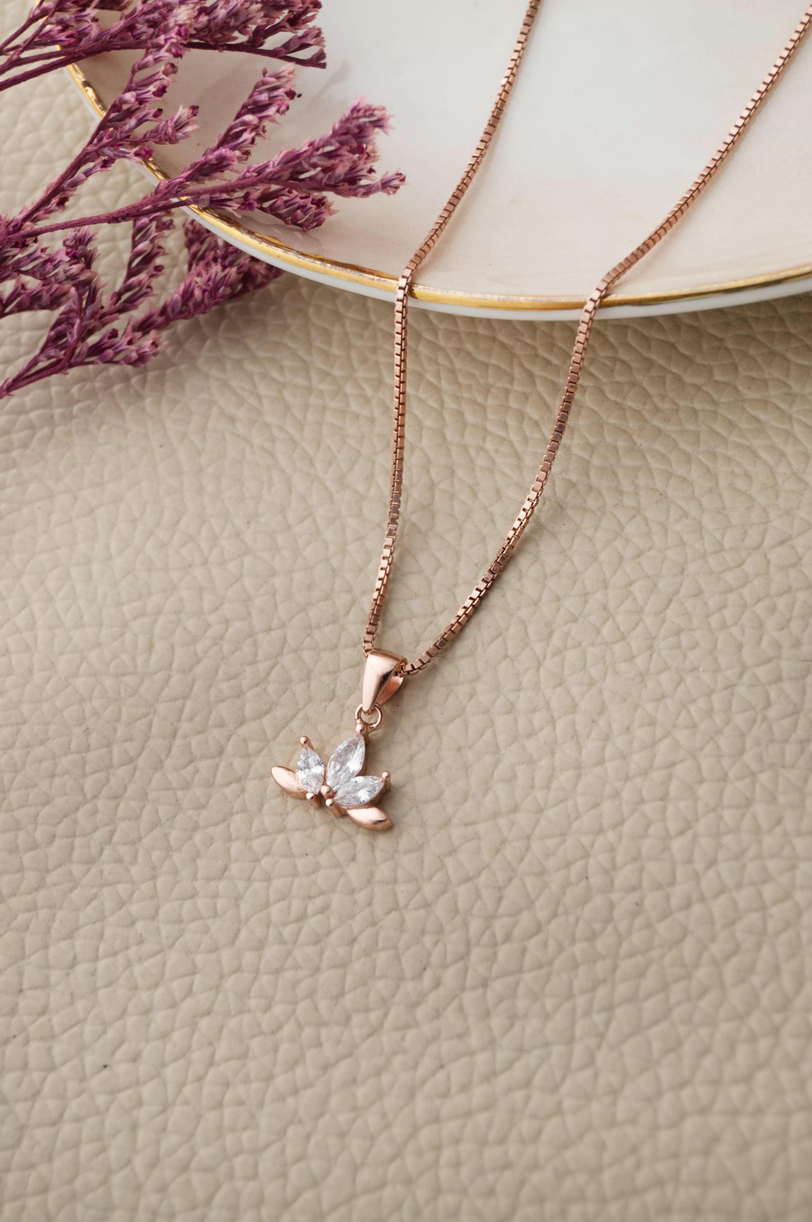 Half Flower Rose Gold Plated Sterling Silver Pendant Set