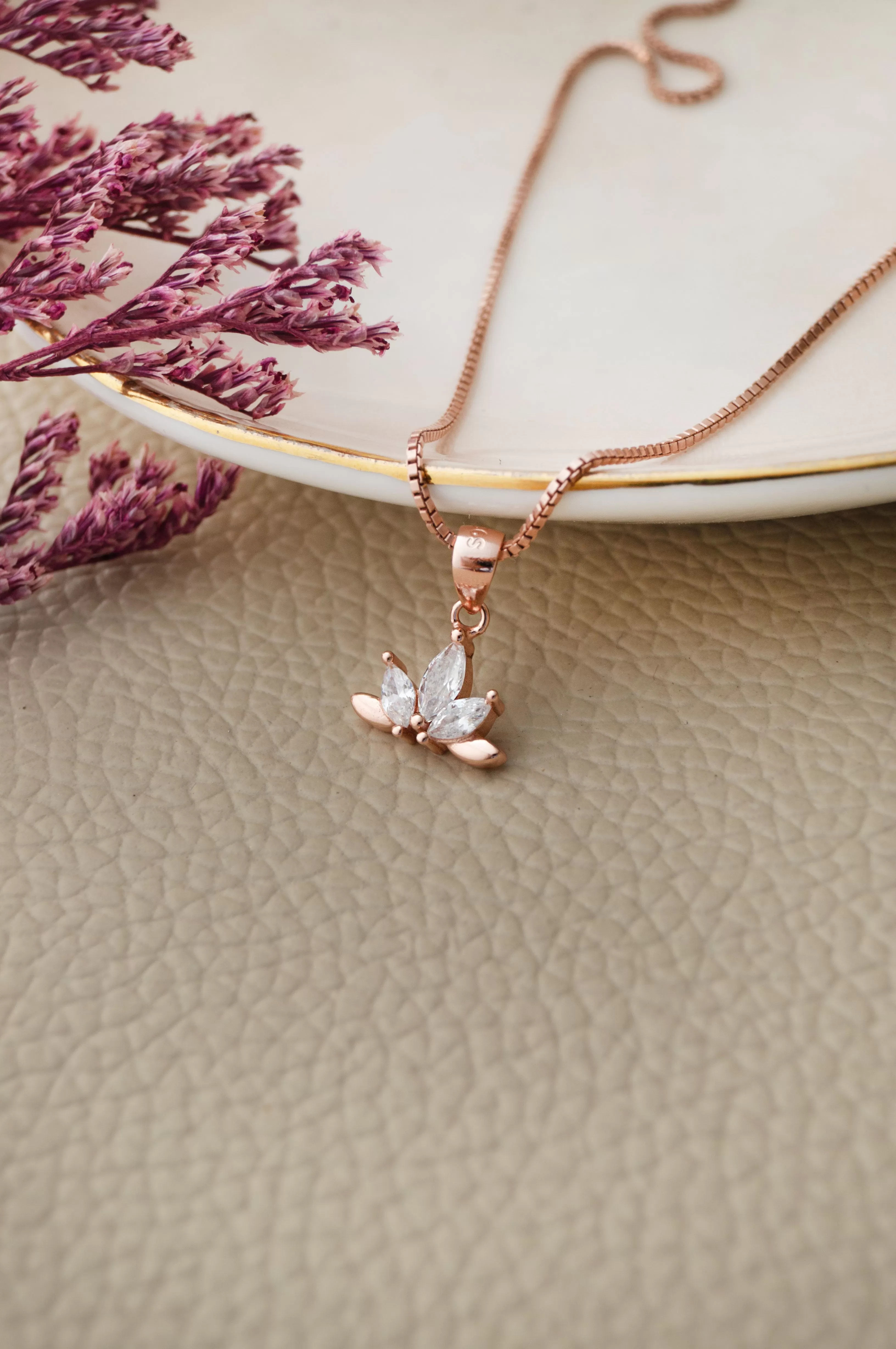 Half Flower Rose Gold Plated Sterling Silver Pendant Set