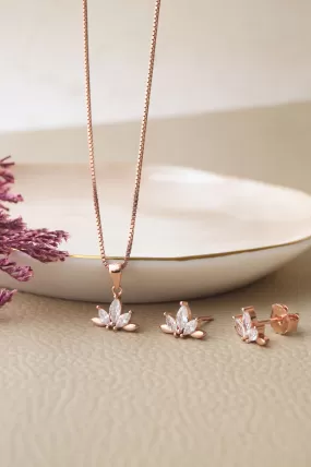 Half Flower Rose Gold Plated Sterling Silver Pendant Set