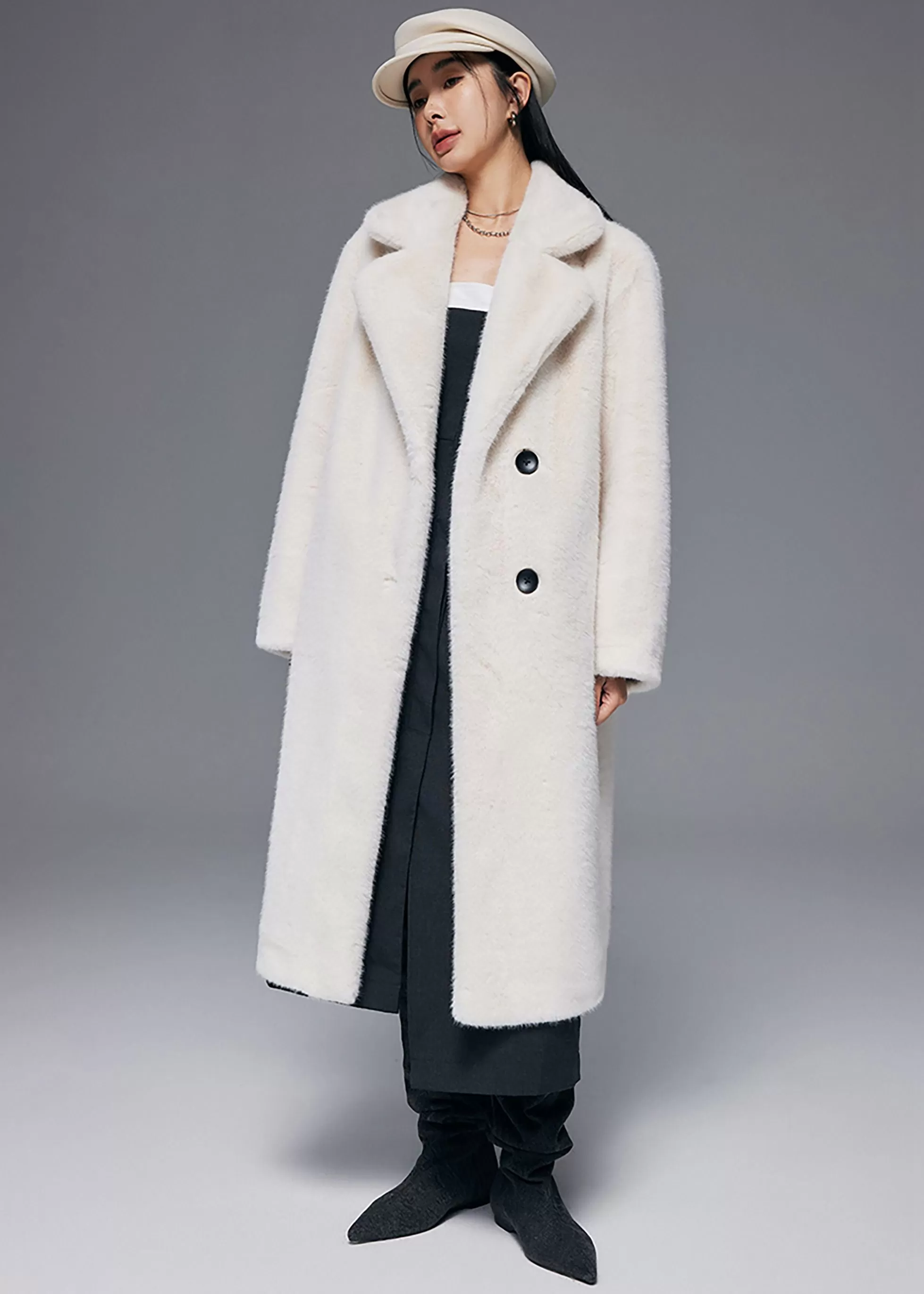 Larissa Notched Collar Faux Fur Midi Thick Coat