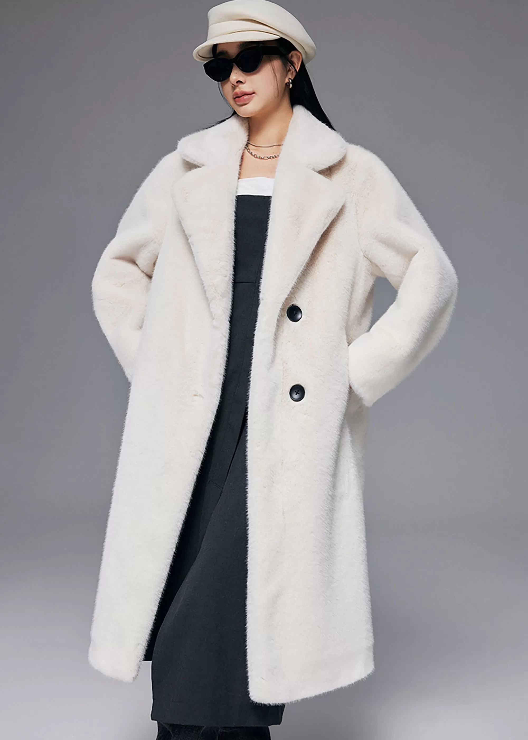 Larissa Notched Collar Faux Fur Midi Thick Coat