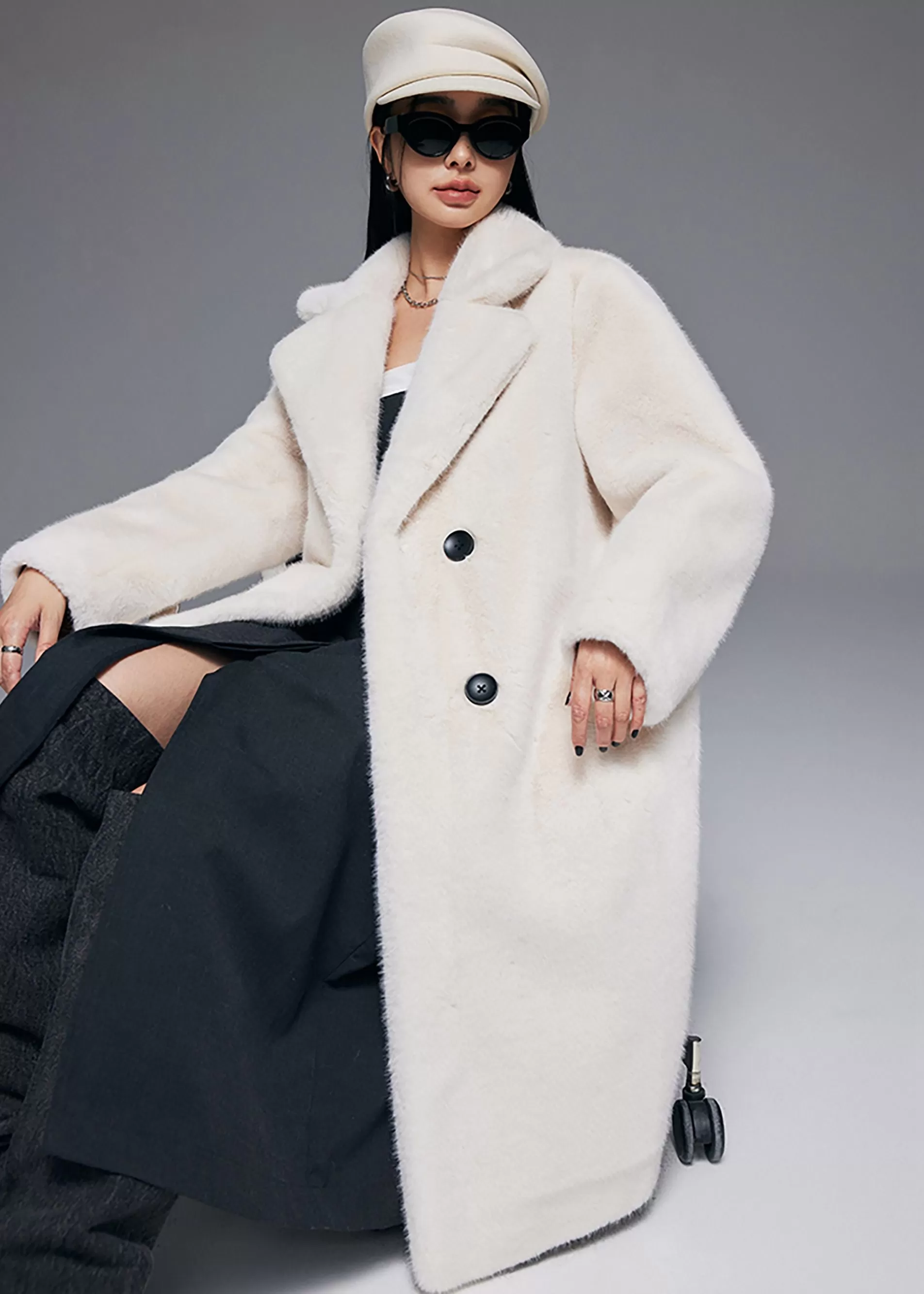 Larissa Notched Collar Faux Fur Midi Thick Coat