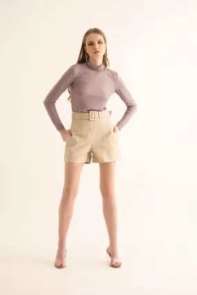 Lavender Rhinestone Turtle Neck Top and Cream Leather Shorts Co-ord Set